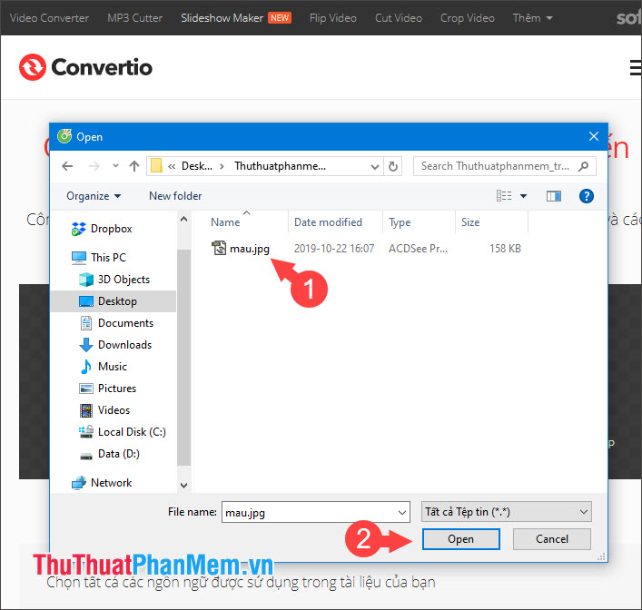 Mở hình ảnh chứa văn bản cần chuyển sang file Word và bấm vào Open