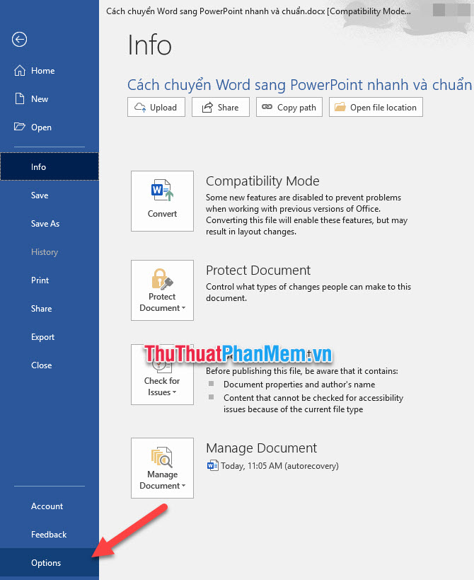 Chọn Options