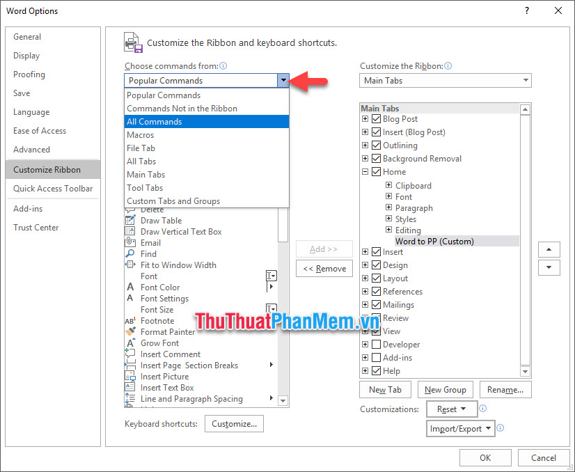 Chuyển Choose commands from thành All Commands
