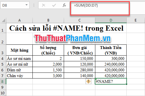 Cách sửa lỗi #NAME trong Excel