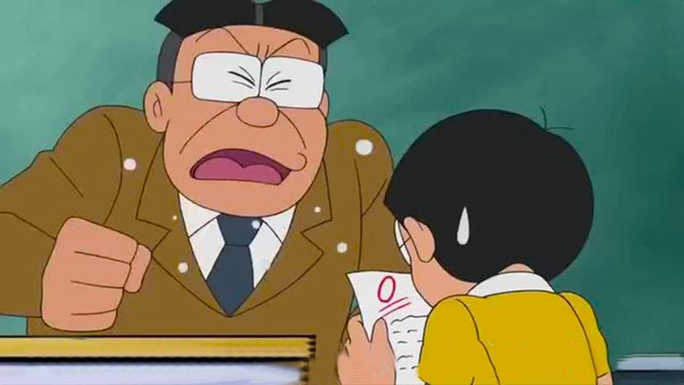 Hình ảnh Nobita buồn bã khi bị điểm 0