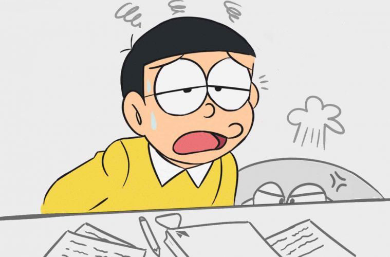 Hình ảnh nobita buồn khi học bài