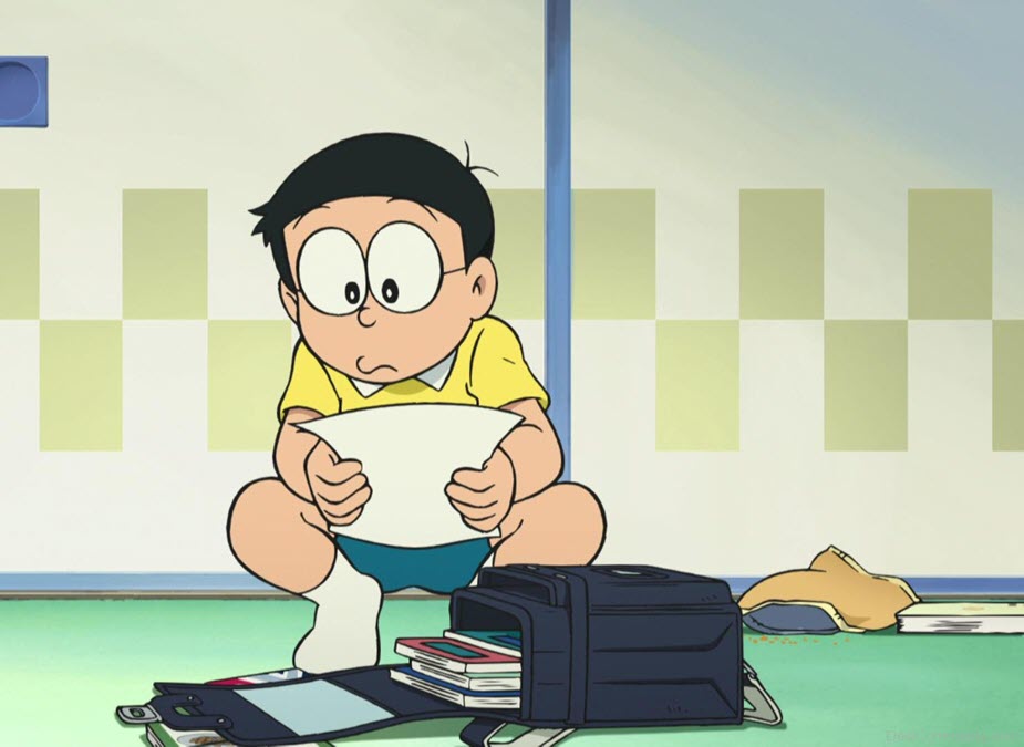Hình ảnh Nobita buồn bã khi nhìn vào điểm thi