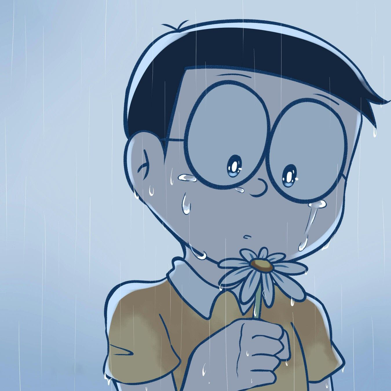 Hình nobita buồn dưới mưa