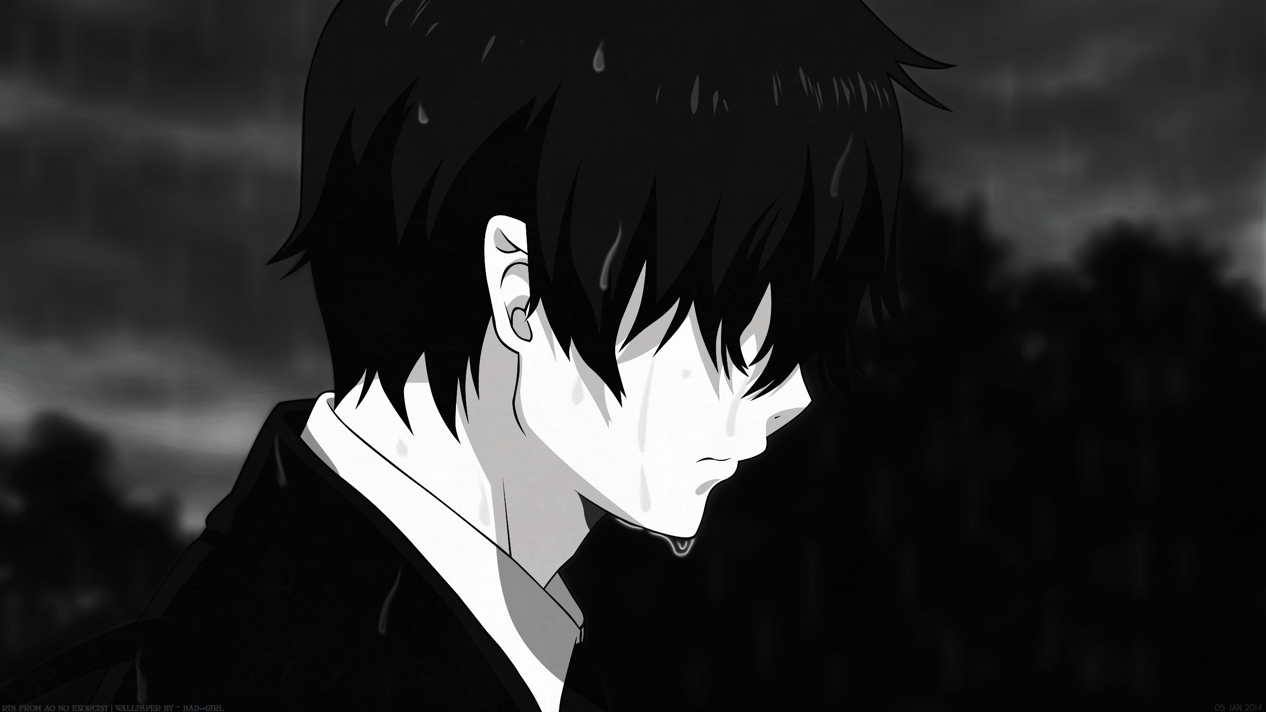 Hình nền anime đen trắng chàng trai cô đơn dưới mưa