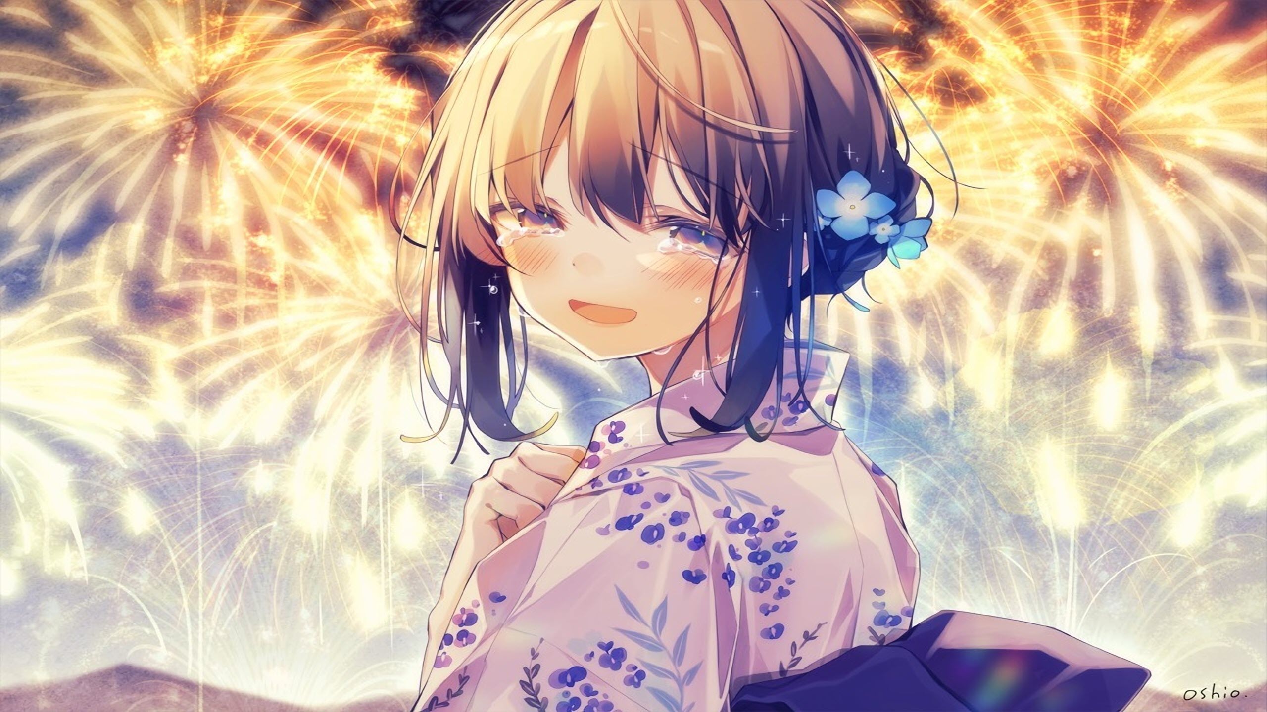 Hình nền cô gái khóc thầm dưới ánh pháo hoa