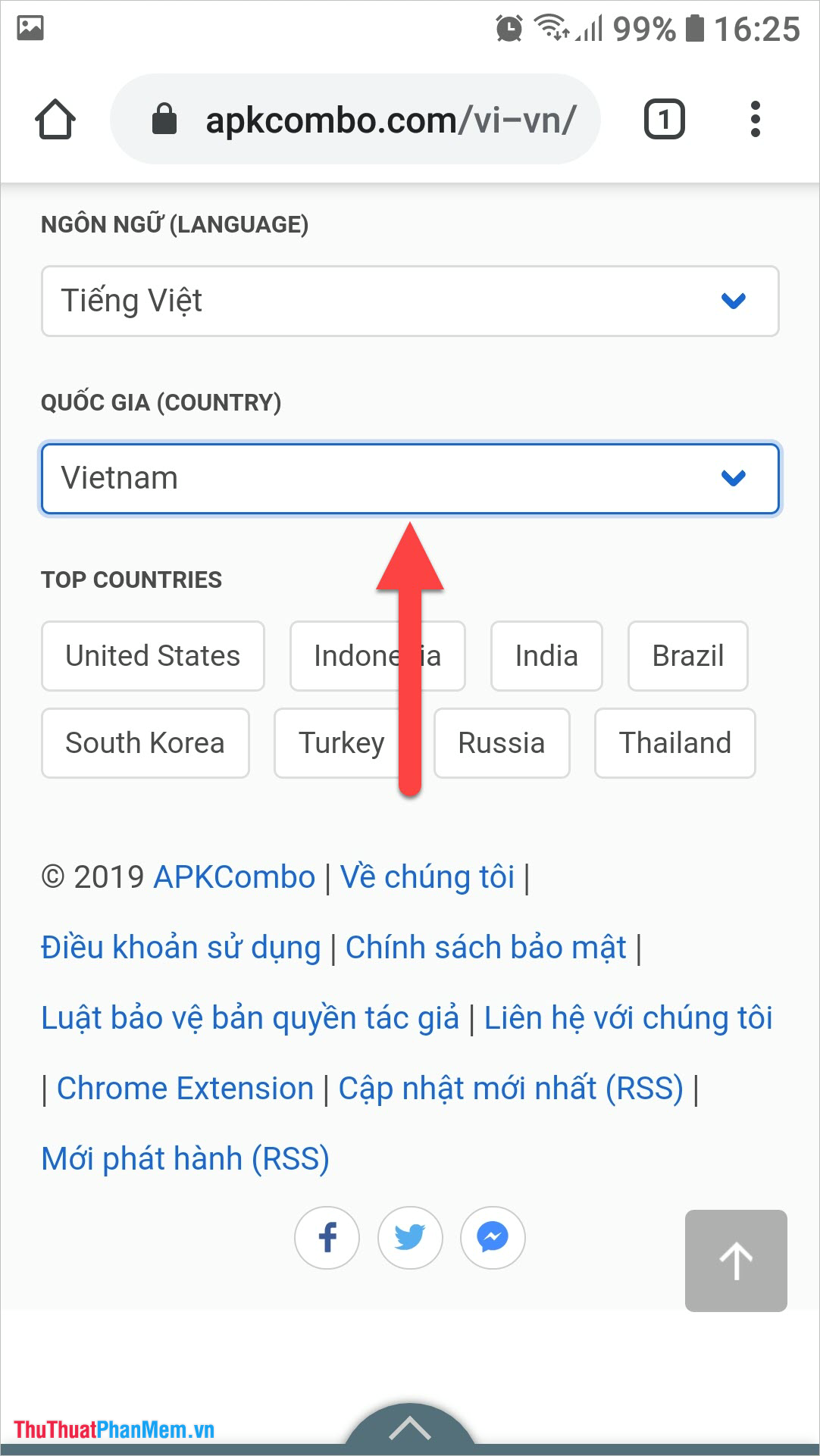 Chọn Ngôn ngữ Tiếng Việt và Quốc gia Việt Nam