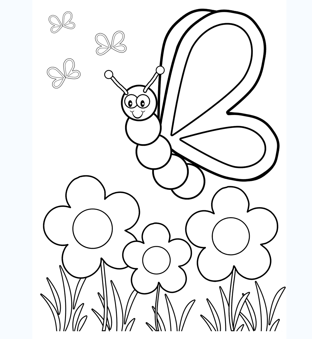 Hình hình họa tô màu sắc nhỏ bé ong nhỏ bé bướm nhập vườn xuân