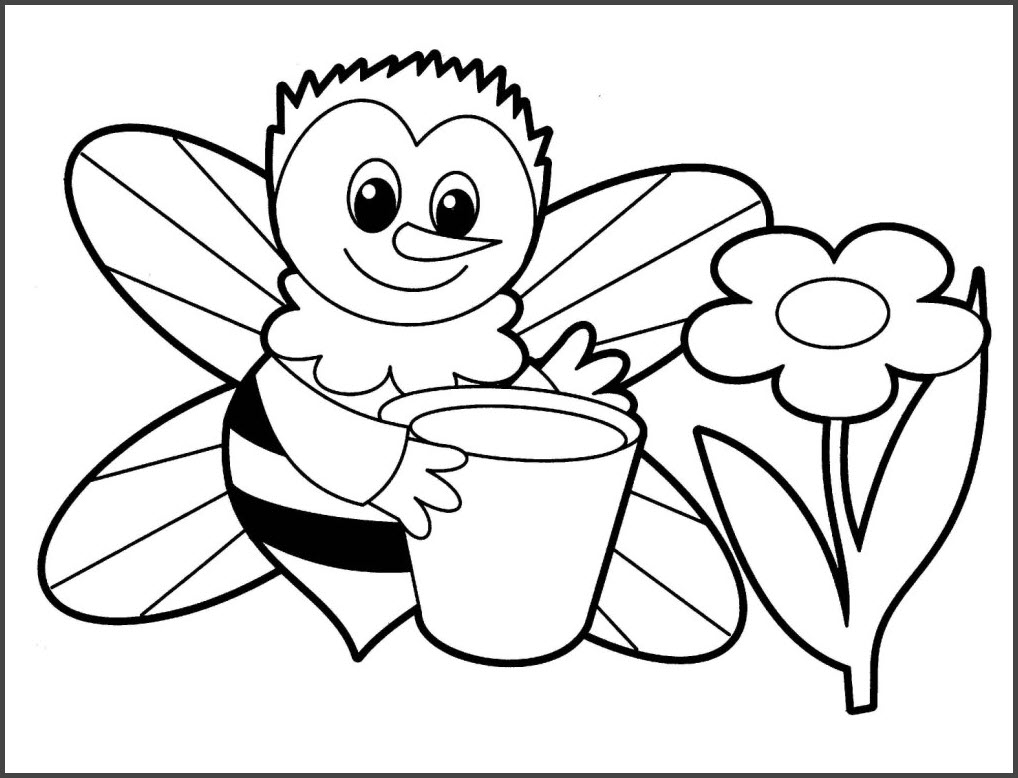 Hình tô màu bé ong cầm chậu mật bên cây hoa