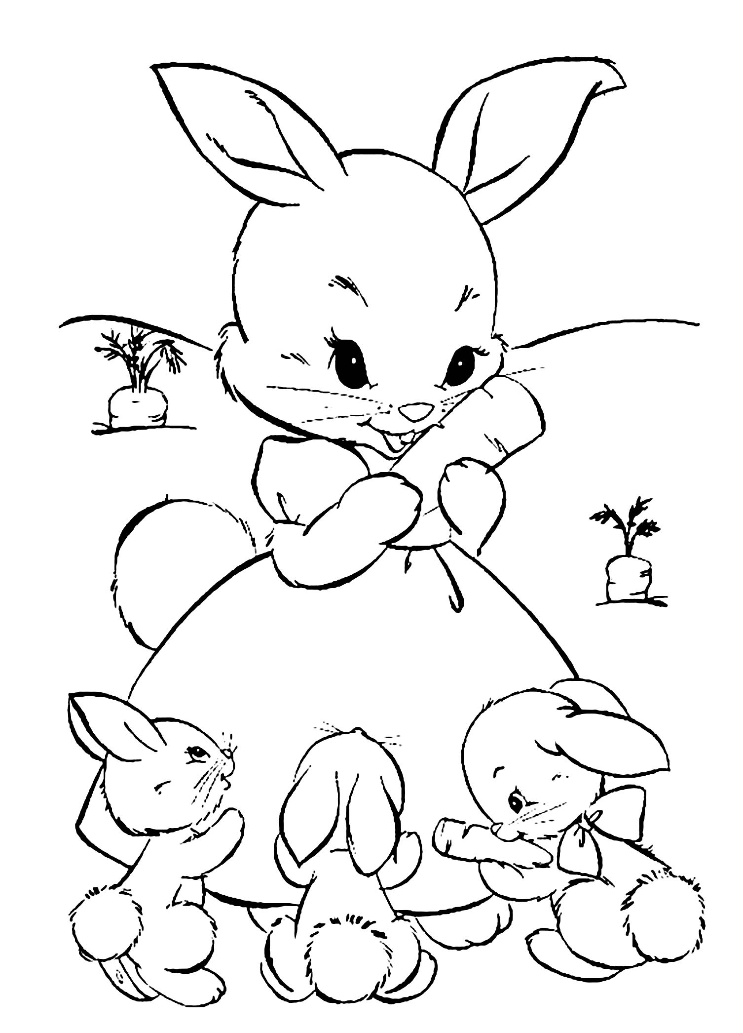 Trang tô màu cho công chúa thỏ và ba chú thỏ nhỏ