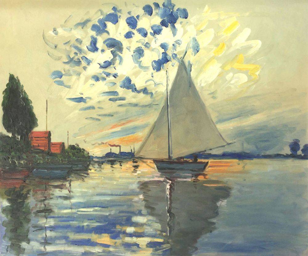 Bức vẽ con thuyền buồm cạnh bờ vịnh