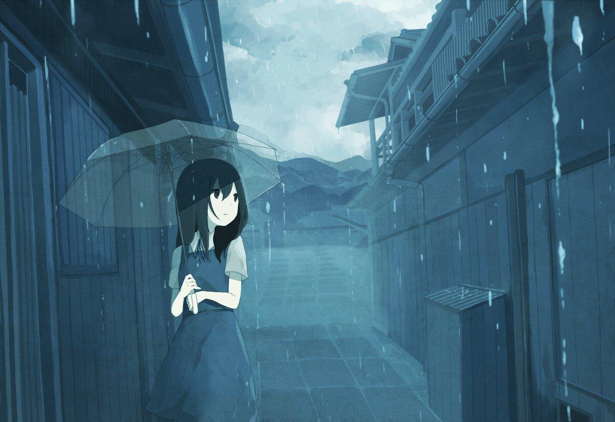 Hình ảnh anime về một cô gái cầm ô đứng dưới mưa lạnh