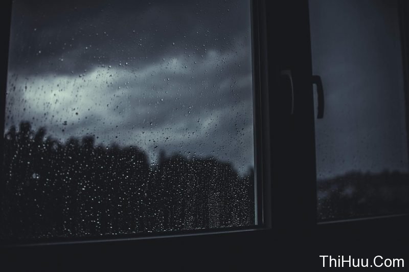 Hình ảnh nhìn qua cửa sổ cơn mưa tối tăm lạnh lẽo