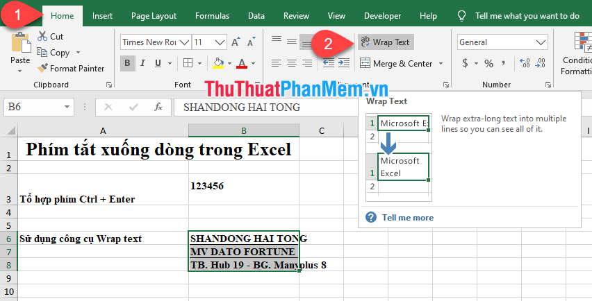 Phím tắt xuống dòng trong Excel