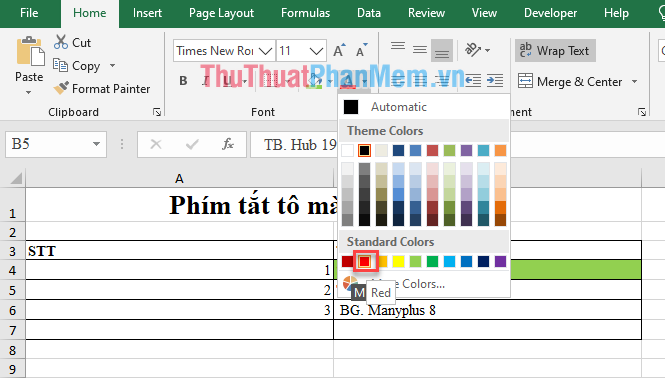 Phím tắt tô màu trong Excel