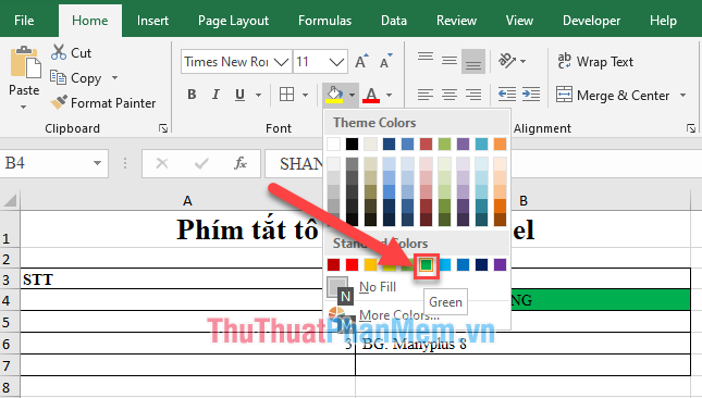 Phím tắt tô màu trong Excel