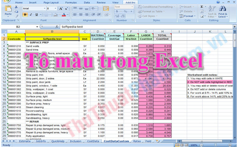 Phím tắt tô màu trong Excel