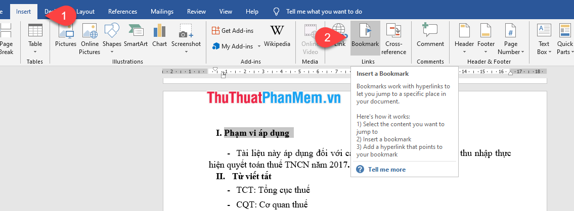 Chọn biểu tượng Bookmark