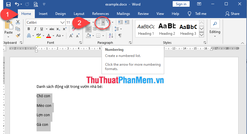 Chọn biểu tượng Numbering