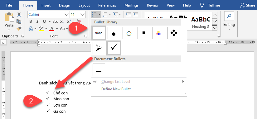 Chọn kiểu Bullet mà bạn muốn sử dụng