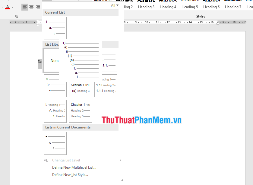 Chọn kiểu Multilevel List bạn muốn sử dụng