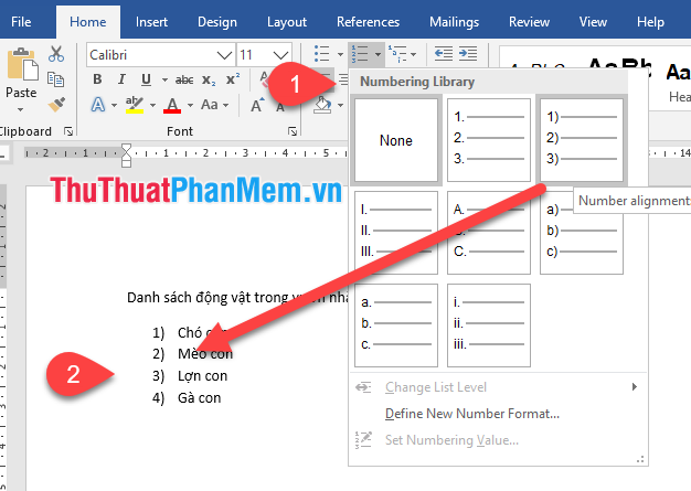 Chọn kiểu Numbering mà bạn muốn
