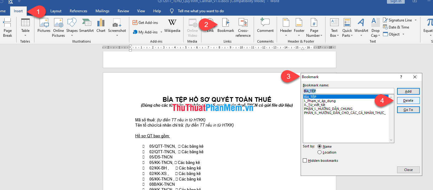 Chọn mục cần xóa rồi ấn nút Delete