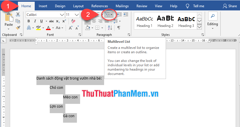 Chọn mũi tên thả xuống bên cạnh biểu tượng Multilevel List