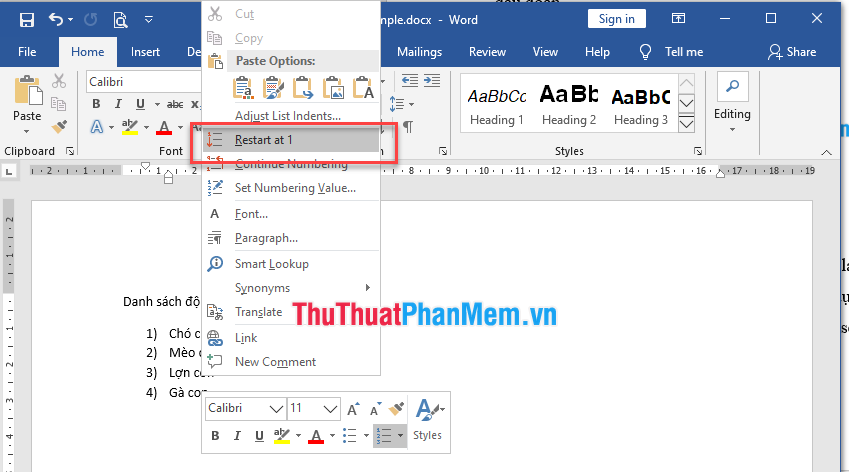 Chọn Restart at 1
