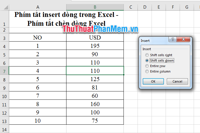 Phím tắt insert dòng trong Excel - Phím tắt chèn dòng Excel