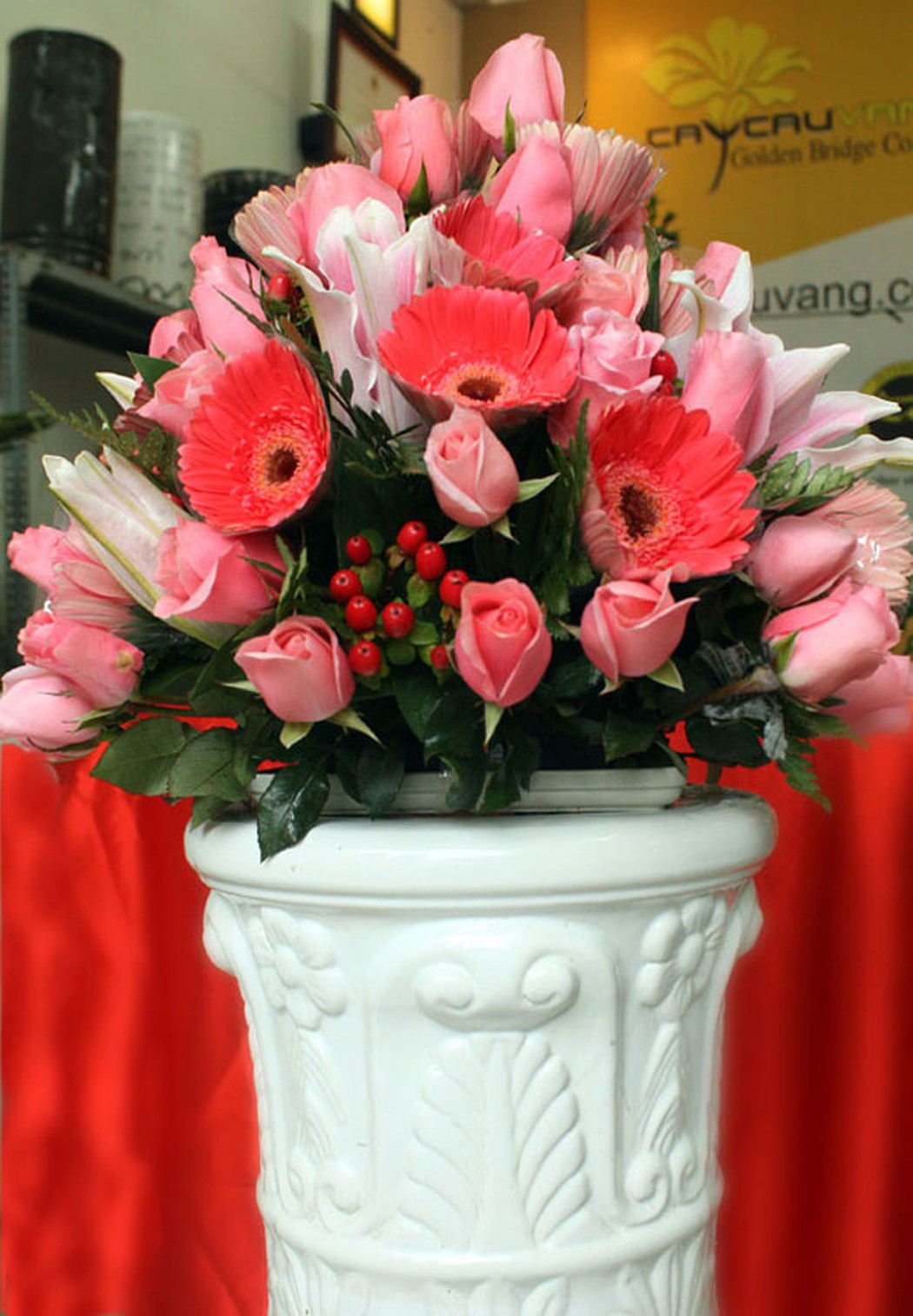 Hoa đồng tiền hồng nhạt cắm trong bó hoa cực đẹp