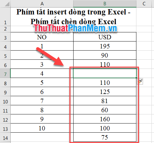 Phím tắt insert dòng trong Excel - Phím tắt chèn dòng Excel