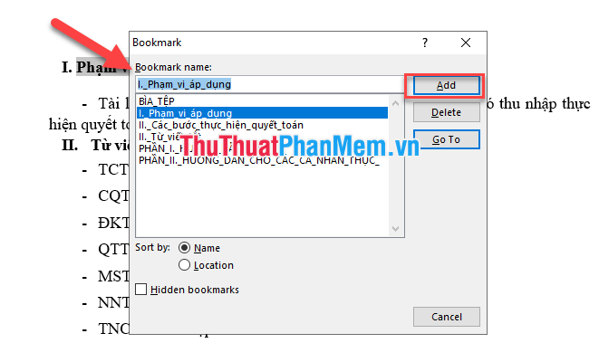 Nhập tên bookmark vào phần Bookmark name