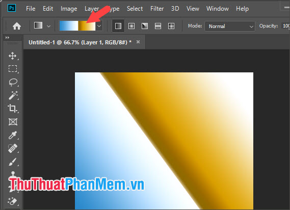 Để lựa chọn màu sắc cho Gradient thì trước tiên bạn cần phải click vào bảng màu ở trên thanh công cụ của Gradient