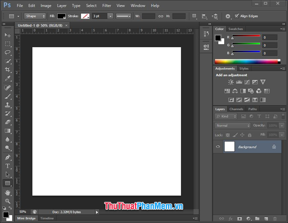 Giao diện mở đầu khi các bạn tạo một file Photoshop mới với chỉ một layer Background ở mục Layers