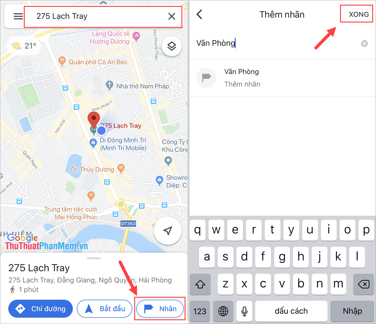 Nhập vị trí vào ô tìm kiếm trên Google Maps và chọn mục Nhãn phía dưới địa điểm