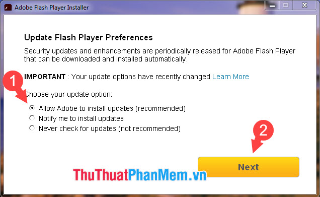 Tích chọn Allow Adobe to install updates (recommended) và nhấn Next