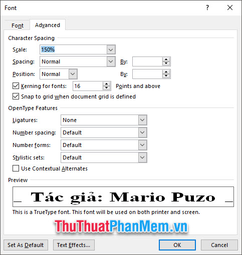 Bạn có thể xem trước độ co giãn giữa các chữ trong mục Preview