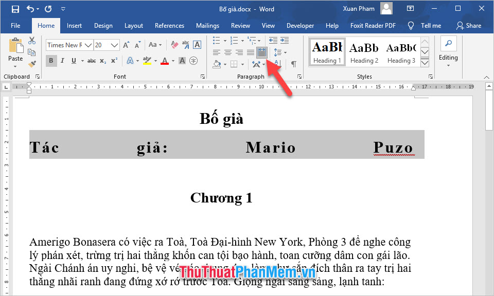 Chọn biểu tượng Distributed ở mục Paragraph
