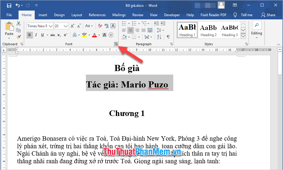 Click vào biểu tượng mở rộng của mục Font trong ribbon Home