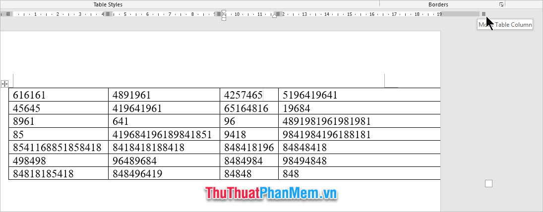 Điểu chỉnh nút Move Table Column ở vùng phía ngoài lề khổ giấy vào trong