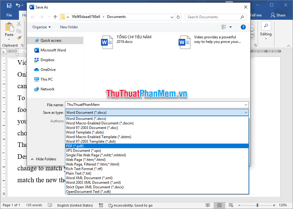 Đổi Save as type sang đuôi pdf