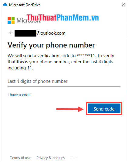Nhập 4 chữ số cuối trong số điện thoại và nhấn Send code