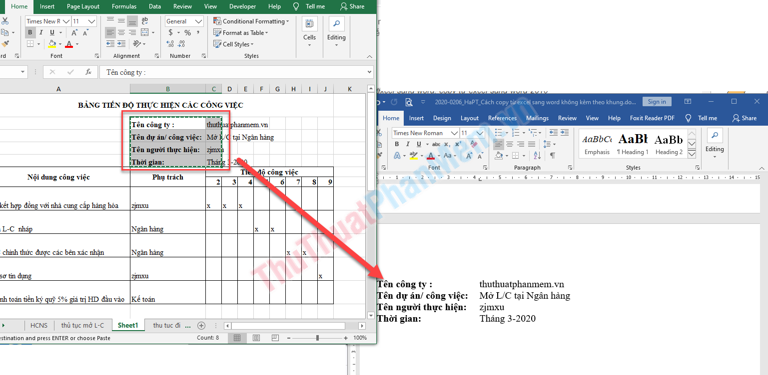 Cách copy từ Excel sang Word không kèm theo khung