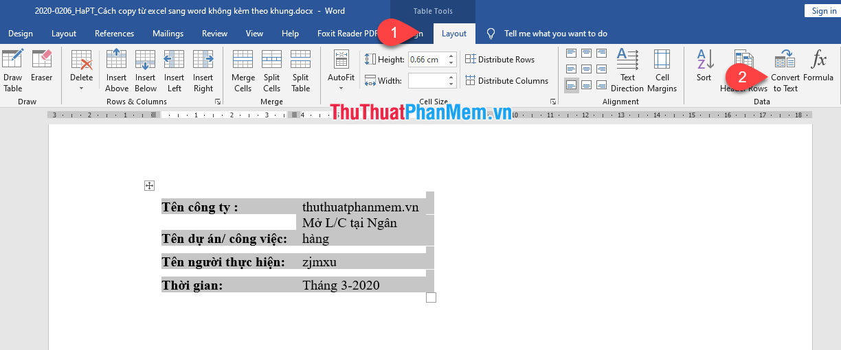 Chọn Table to text