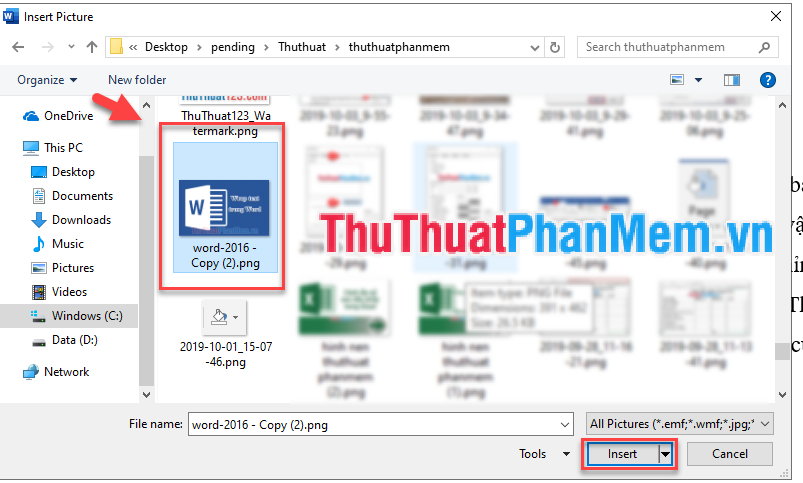 Dẫn đường link đến địa chỉ lưu ảnh cần chèn, lựa chọn ảnh cần chèn và nhấn nút Insert