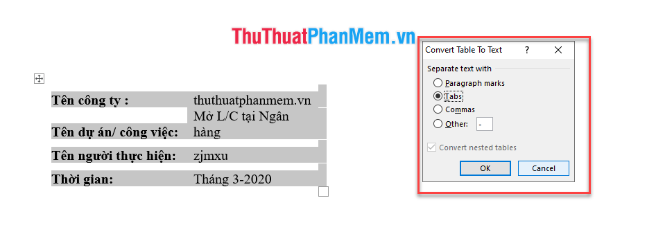 Lựa chọn ký tự mà bạn muốn phân cách rồi nhấn nút OK
