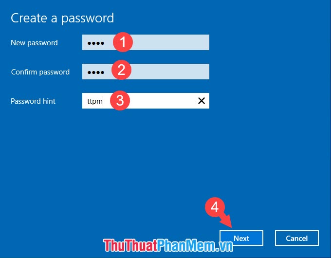 Nhập mật khẩu rồi nhấn Next