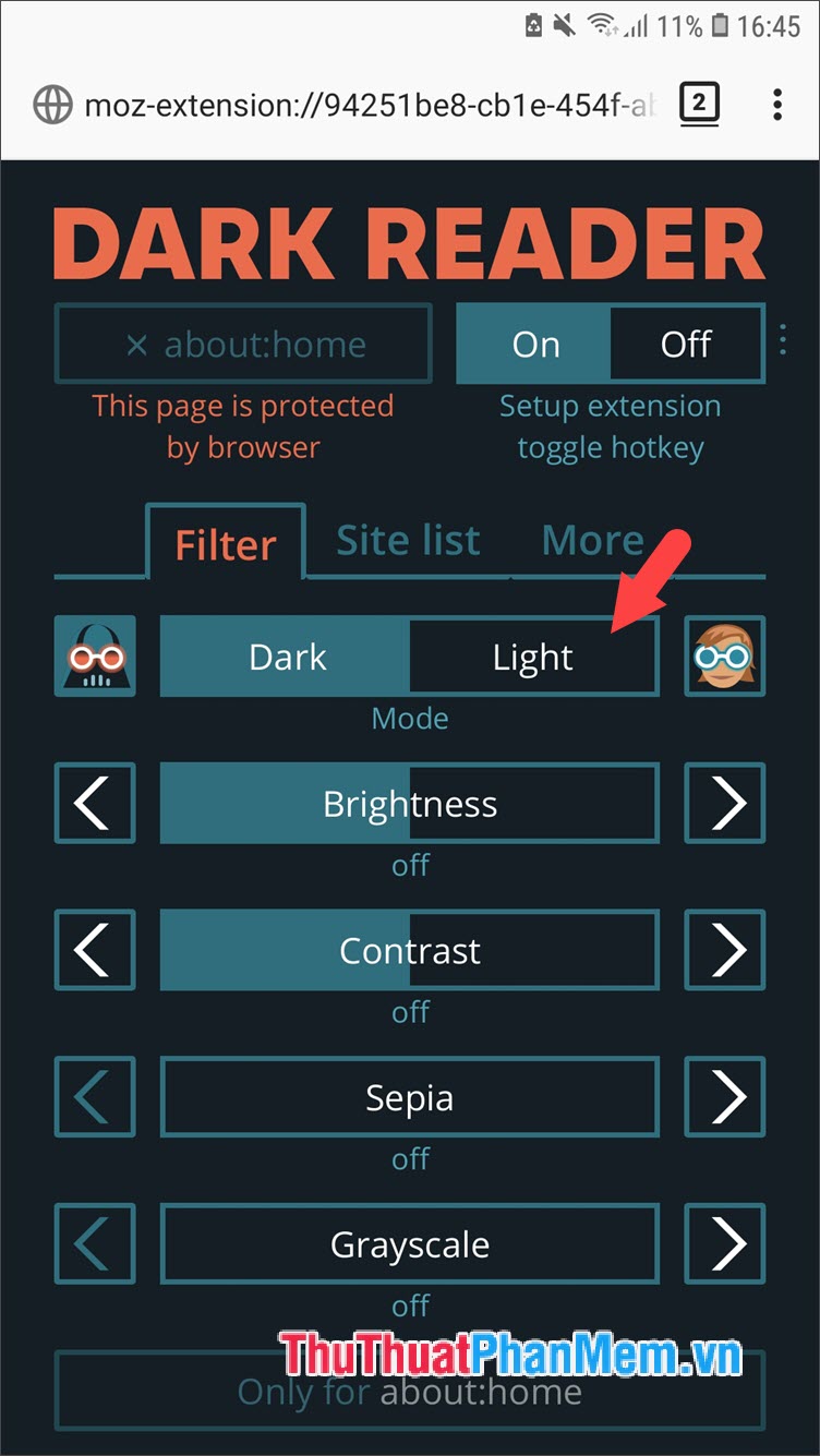 Gạt công tắc từ Dark sang Light ở mục Filter