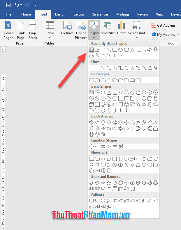Chọn biểu tượng Text Box trong danh sách hiển thị của Shapes